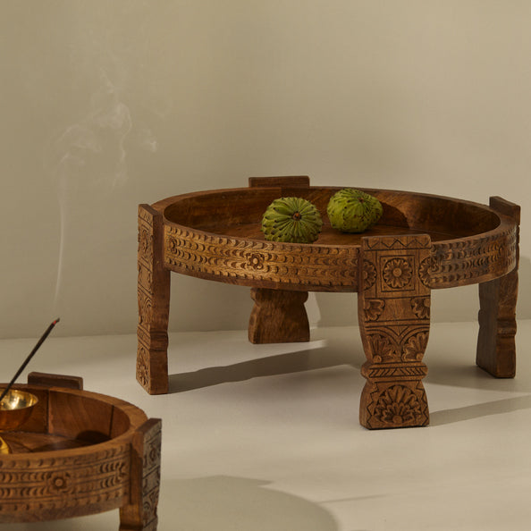 Tree Stripes Maala Hand Carved Chakki Accent Coffee Table (Natural) - Large Deals499
