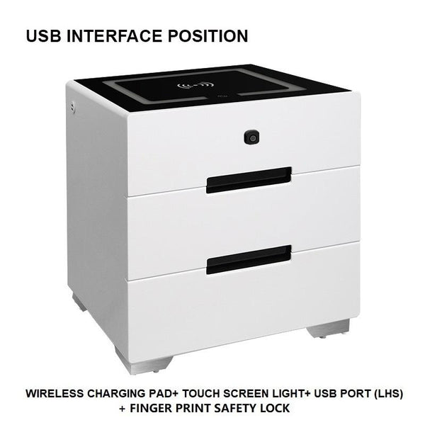 Smart Bedside Tables Finger Print Lock Side 3 Drawers Wireless Charging USB Nightstand LED AU Deals499