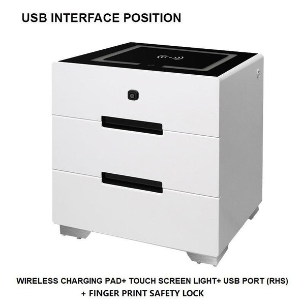 Smart Bedside Tables Finger Print Lock Side 3 Drawers Wireless Charging USB Nightstand LED AU Deals499