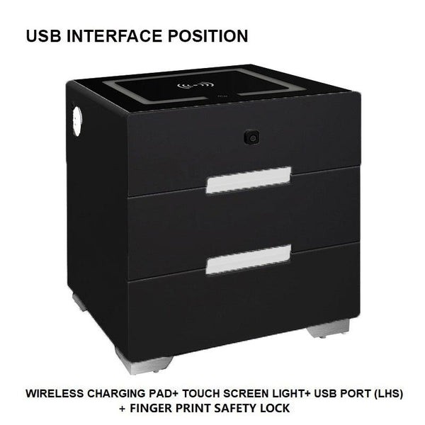 Smart Bedside Tables Finger Print Lock Side 3 Drawers Wireless Charging USB Nightstand LED AU Deals499
