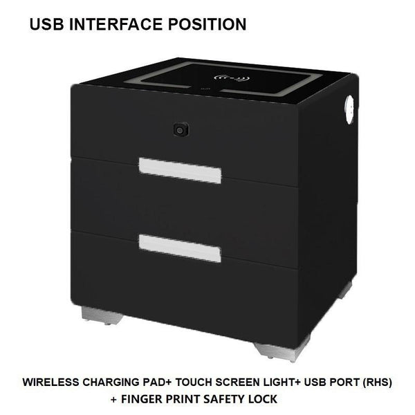 Smart Bedside Tables Finger Print Lock Side 3 Drawers Wireless Charging USB Nightstand LED AU Deals499