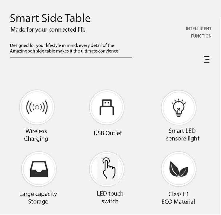 Smart Bedside Tables Side 3 Drawers Wireless Charging Nightstand LED Light USB Right Hand Connection Deals499