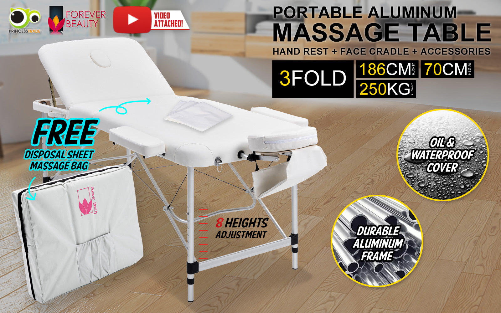 Forever Beauty White Portable Beauty Massage Table Bed Therapy Waxing 3 Fold 70cm Aluminium Deals499