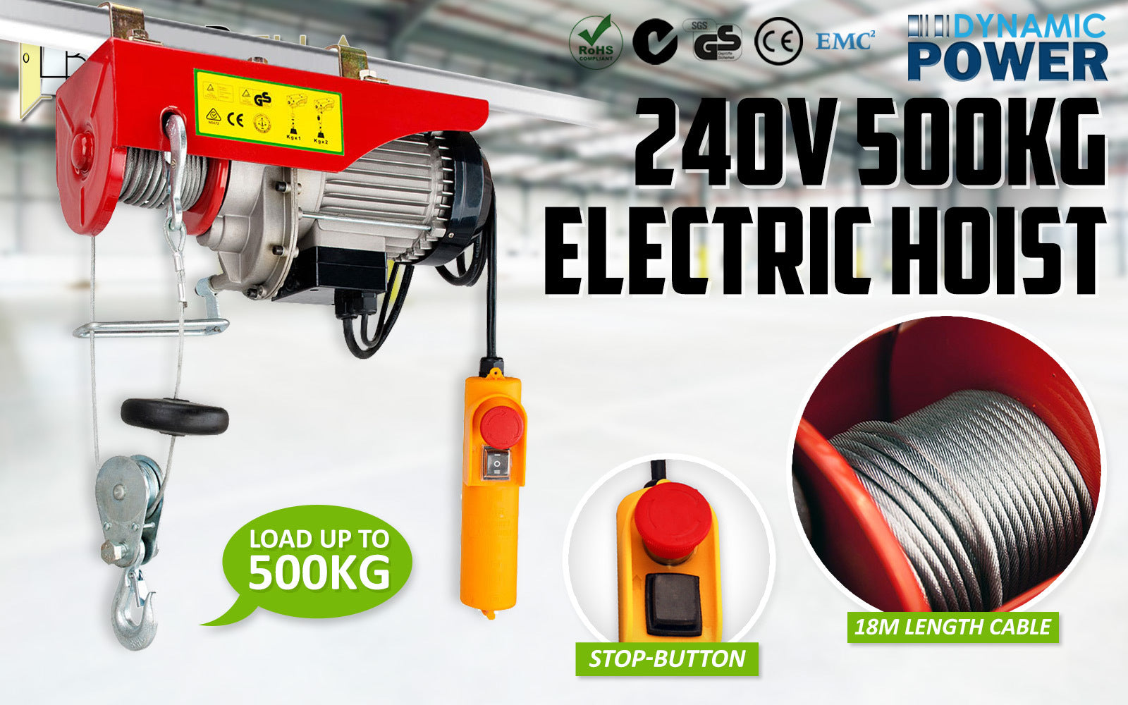 Dynamic Power Electric Hoist Remote Chain Lift 240V 1020w 250/500KG Deals499