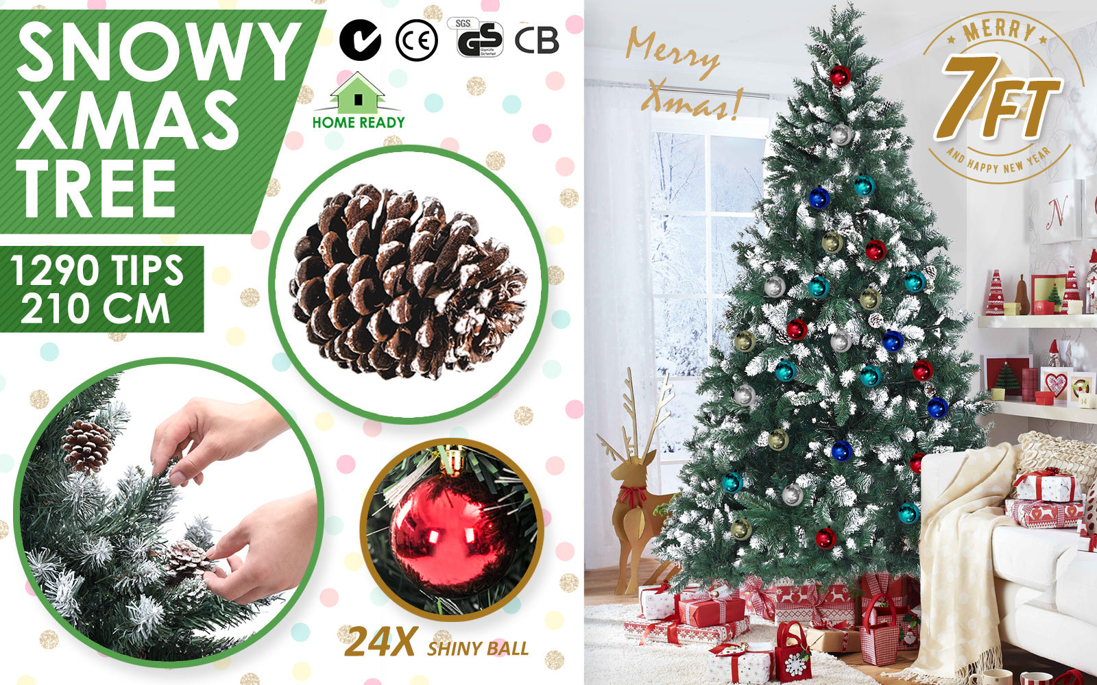Home Ready 7Ft 210cm 1290 tips Green Snowy Christmas Tree Xmas Pine Cones + Bauble Balls Deals499