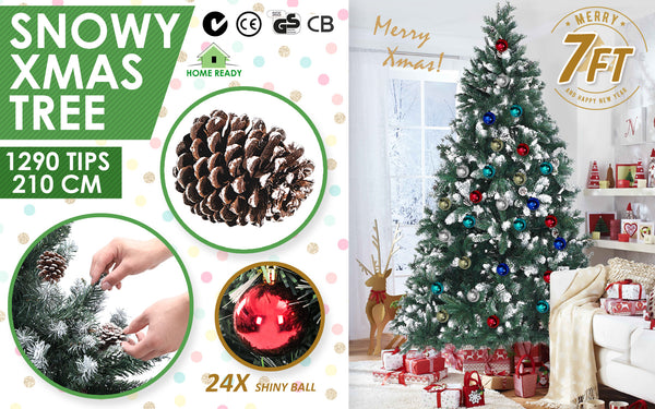 Home Ready 7Ft 210cm 1290 tips Green Snowy Christmas Tree Xmas Pine Cones + Bauble Balls Deals499