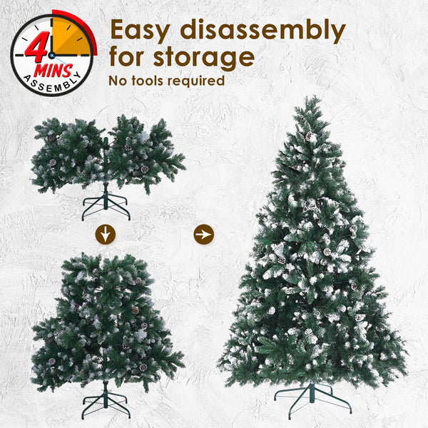 Home Ready 7Ft 210cm 1290 tips Green Snowy Christmas Tree Xmas Pine Cones + Bauble Balls Deals499