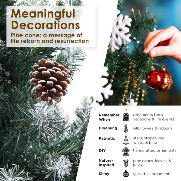 Home Ready 7Ft 210cm 1290 tips Green Snowy Christmas Tree Xmas Pine Cones + Bauble Balls Deals499