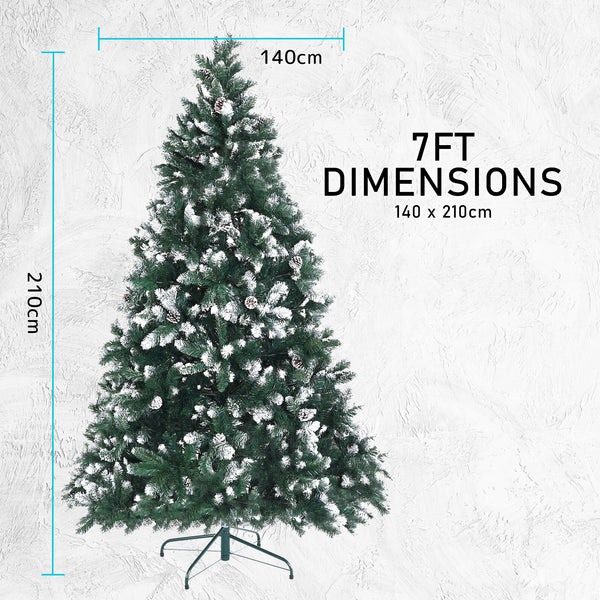 Home Ready 7Ft 210cm 1290 tips Green Snowy Christmas Tree Xmas Pine Cones + Bauble Balls Deals499