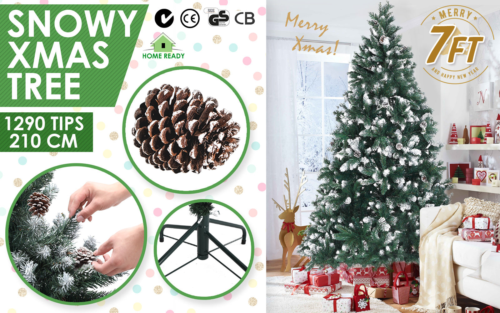 Home Ready 7Ft 210cm 1290 tips Green Snowy Christmas Tree Xmas Pine Cones Deals499