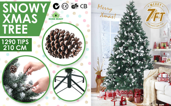 Home Ready 7Ft 210cm 1290 tips Green Snowy Christmas Tree Xmas Pine Cones Deals499