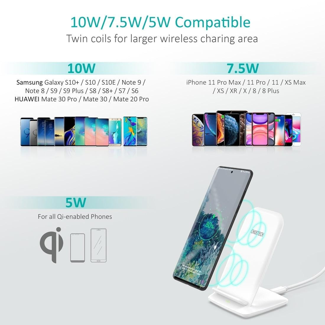 CHOETECH T555-F 15W Wireless Charger Stand with AC Charger (White) Deals499