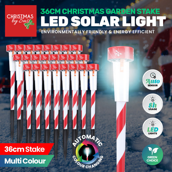 Christmas By Sas 24PCE Solar Stakes Red & White Striped Colour Changing 36cm Deals499