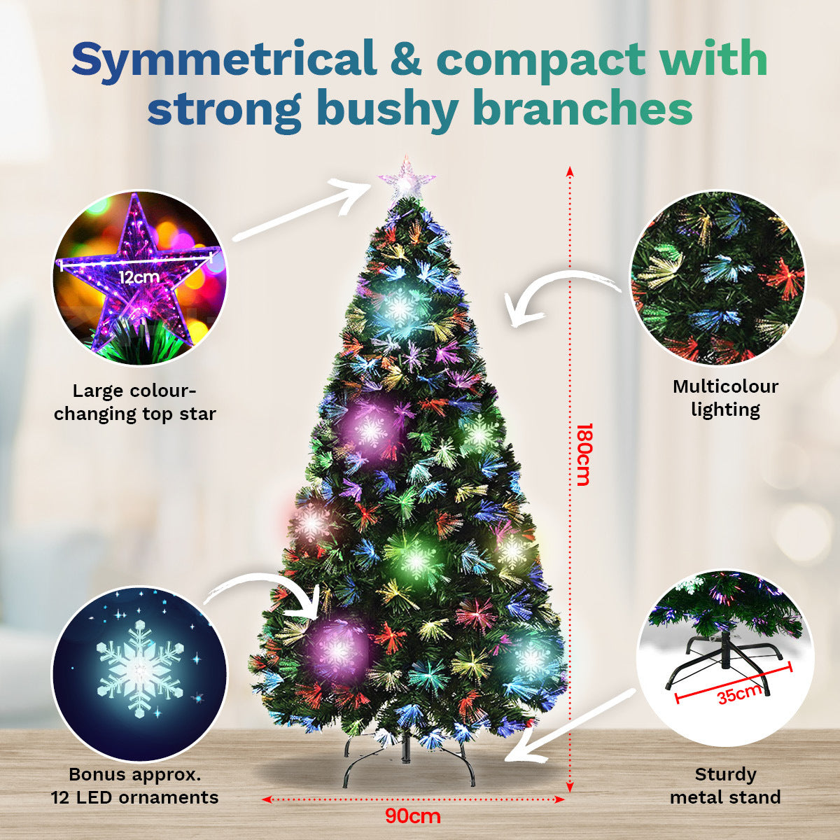 Christmas By Sas 1.8m Fibre Optic/LED Christmas Tree 210 Tips Multicolour Star & Ornaments Deals499