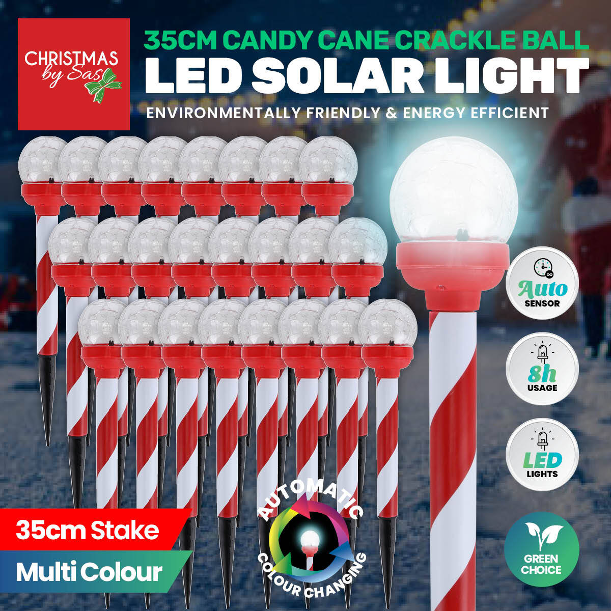 Christmas By Sas 24PCE Solar Candy Cane Stakes With Crackle Balls LED 35cm Deals499