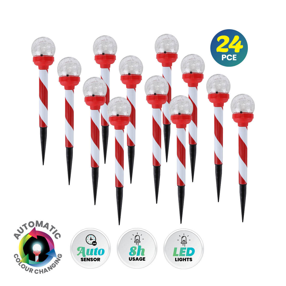 Christmas By Sas 24PCE Solar Candy Cane Stakes With Crackle Balls LED 35cm Deals499
