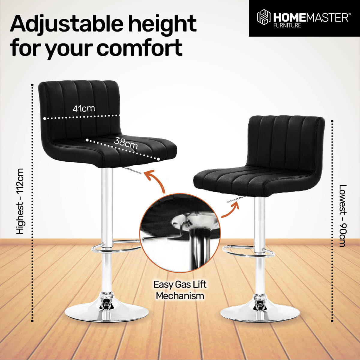 Home Master 2PCE Bar Stool Black Swivel Seat Adjusting Height Stylish Modern Deals499