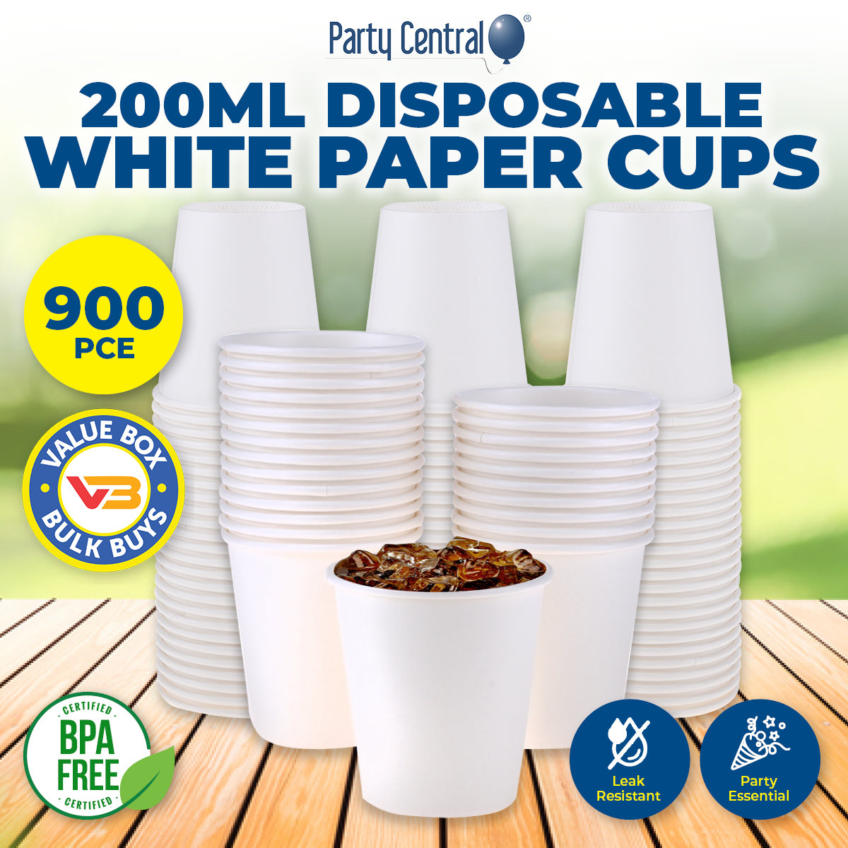 Party Central 900PCE White Paper Cups Disposable Leak Resistant 200ml Deals499
