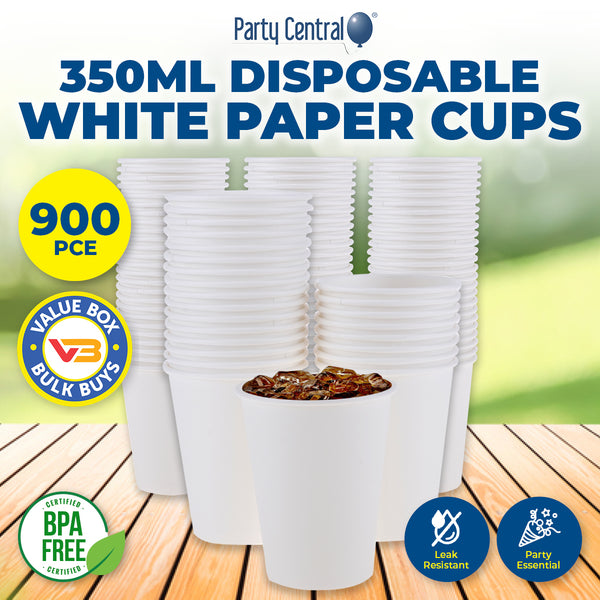 Party Central 900PCE White Paper Cups Disposable Leak Resistant 350ml Deals499