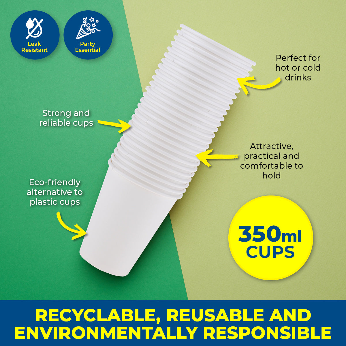 Party Central 900PCE White Paper Cups Disposable Leak Resistant 350ml Deals499