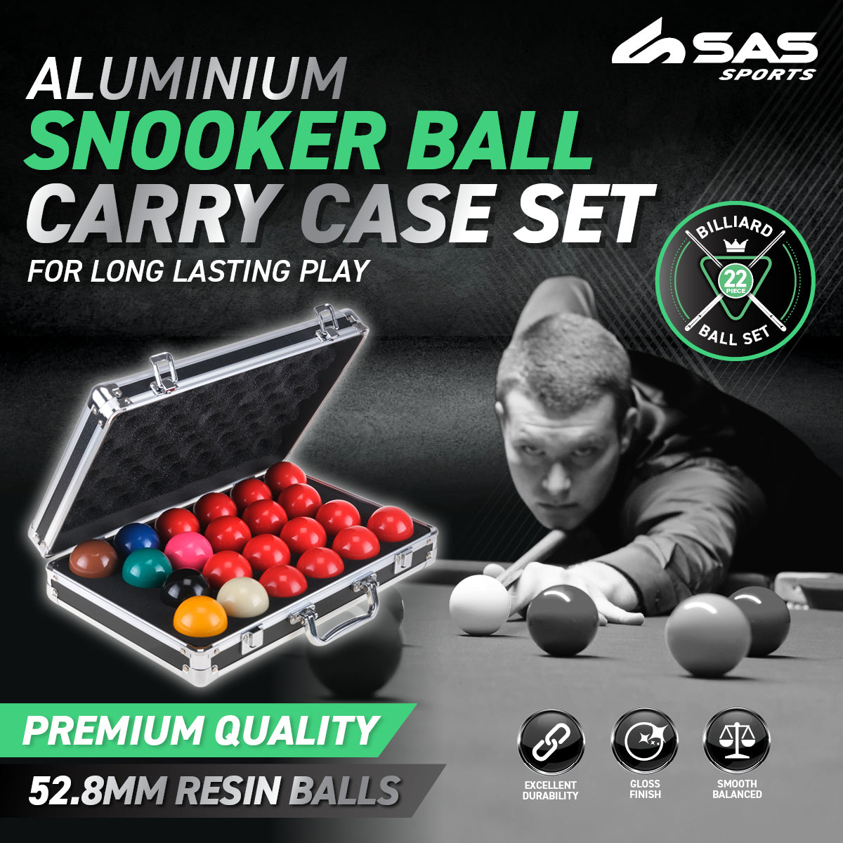 SAS Sports Snooker Ball Set With Aluminium Carry Case Premium Quality Deals499