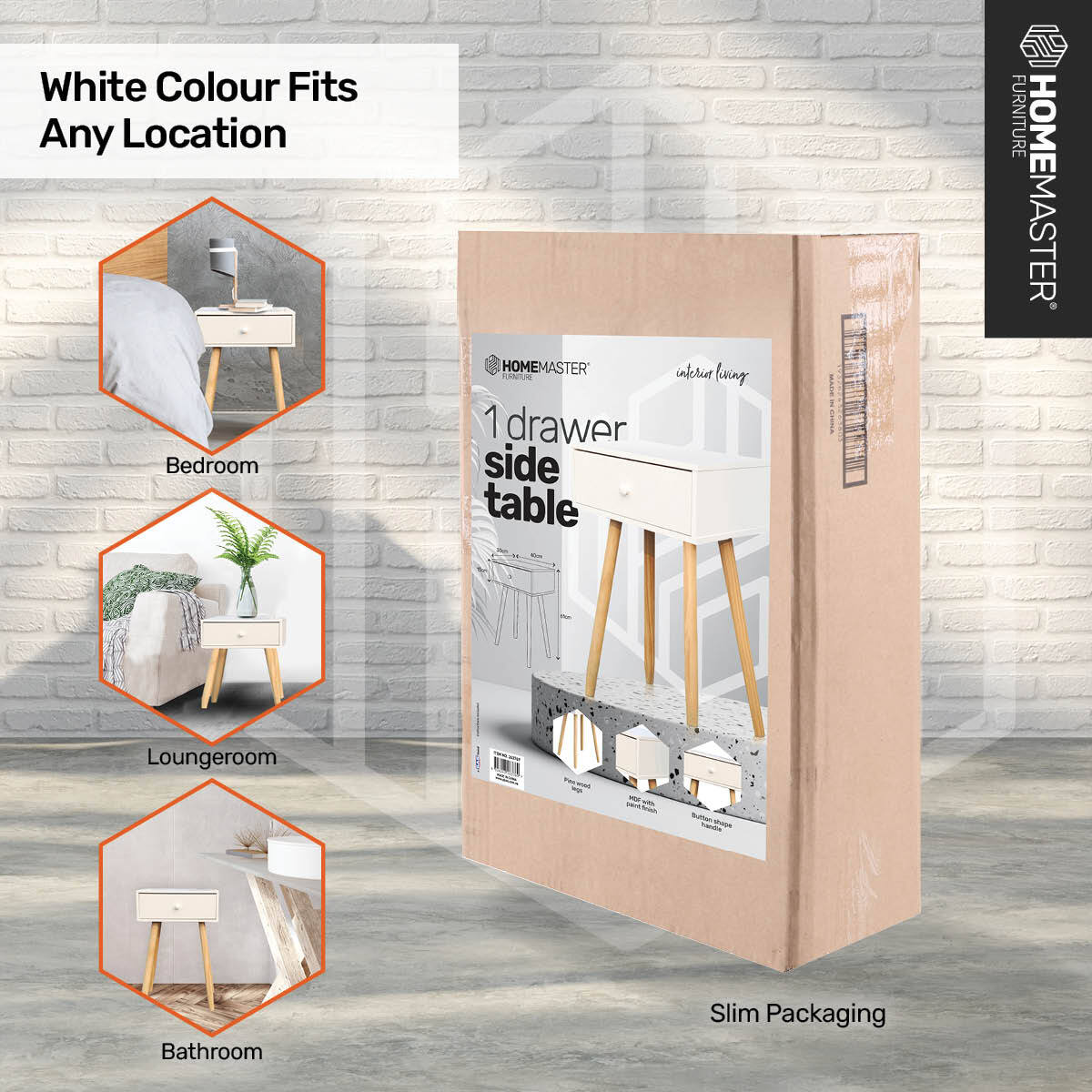 Home Master 1 Drawer Side Table Sleek Modern & Stylish Neutral Design 61cm Deals499