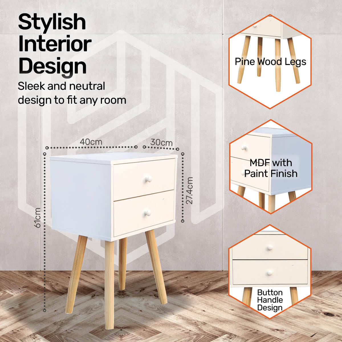Home Master 2 Drawer Side Table Sleek Modern & Stylish Neutral Design 61cm Deals499