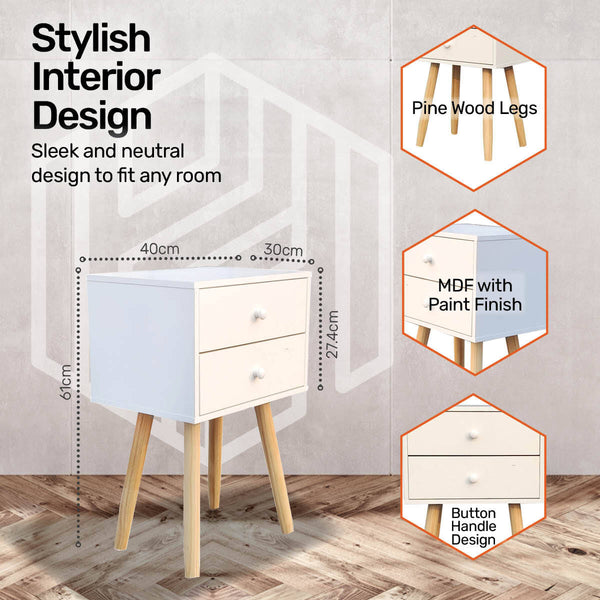 Home Master 2 Drawer Side Table Sleek Modern & Stylish Neutral Design 61cm Deals499