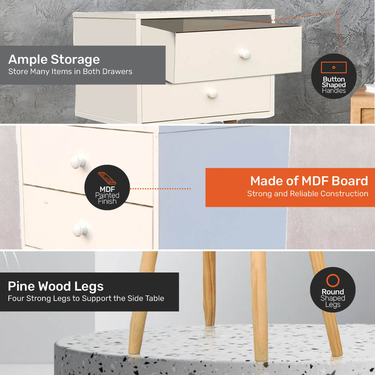 Home Master 2 Drawer Side Table Sleek Modern & Stylish Neutral Design 61cm Deals499