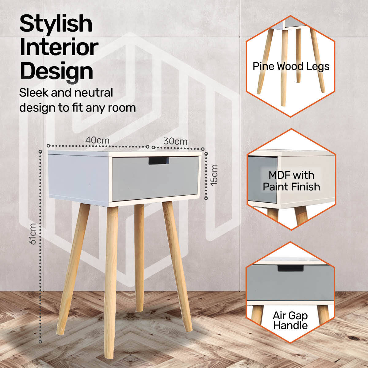 Home Master 1 Drawer Side Table Modern Sleek & Stylish Neutral Design 61cm Deals499