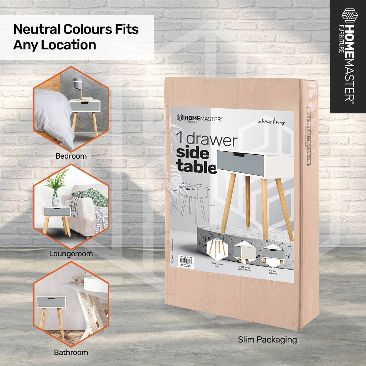 Home Master 1 Drawer Side Table Modern Sleek & Stylish Neutral Design 61cm Deals499