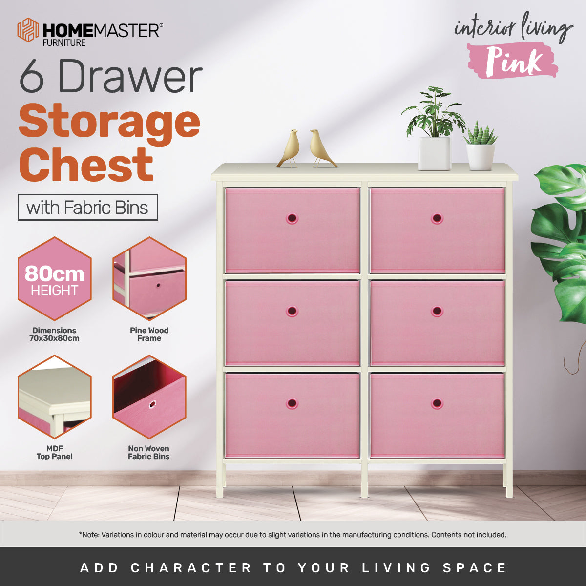 Home Master 6 Drawer Pine Wood Storage Chest Pink Fabric Baskets 70 x 80cm Deals499