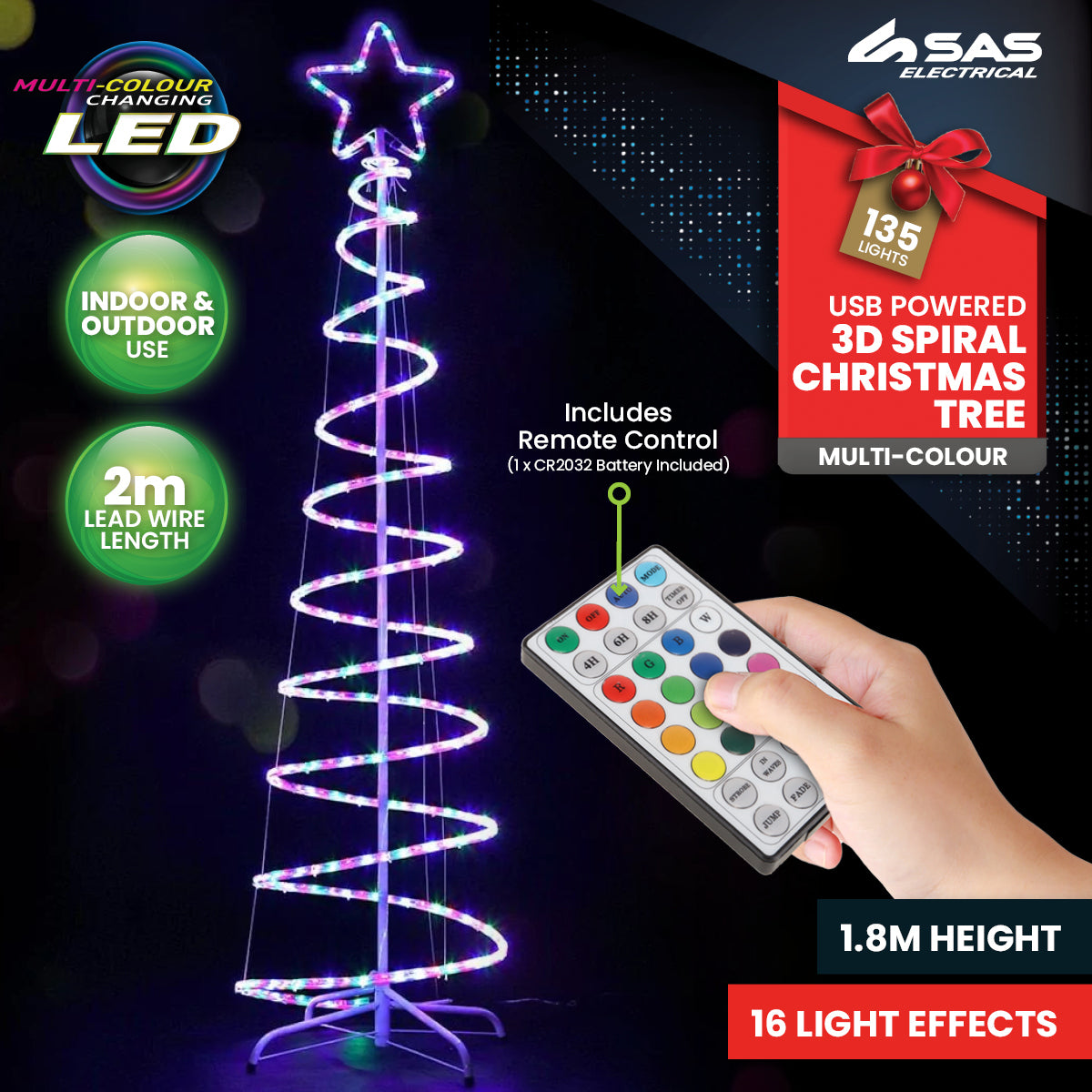 SAS Electrical 1.8m 3D Spiral Christmas Tree Remote Controlled Indoor/Outdoor Deals499