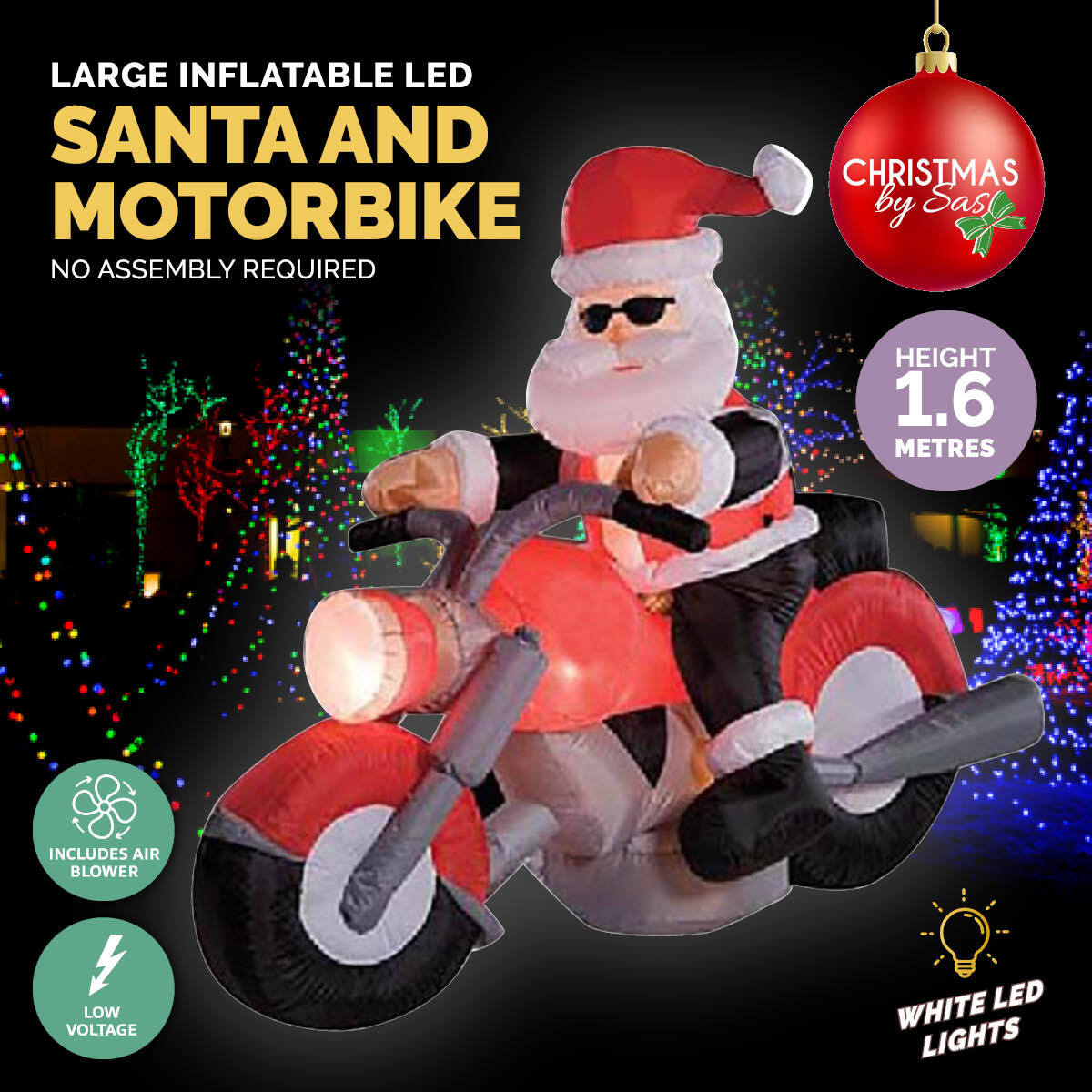 Christmas By Sas 1.6m Santa & Motorbike Built-In Blower Bright LED Lighting Deals499