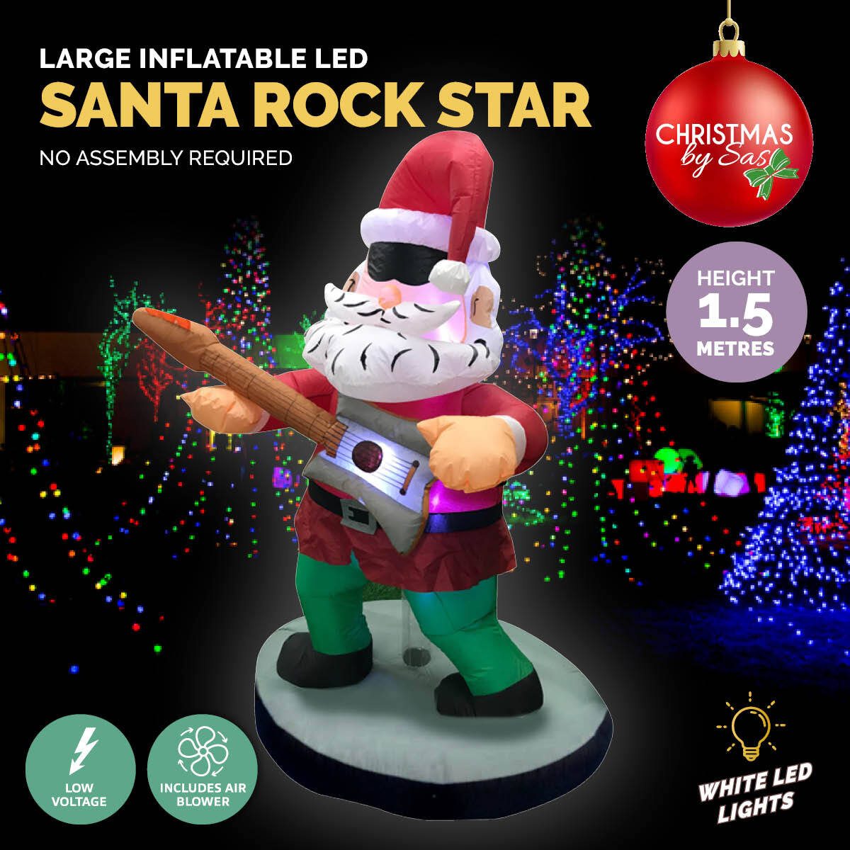 Christmas By Sas 1.5m Santa Rock Star Built-In Blower Bright LED Lighting Deals499