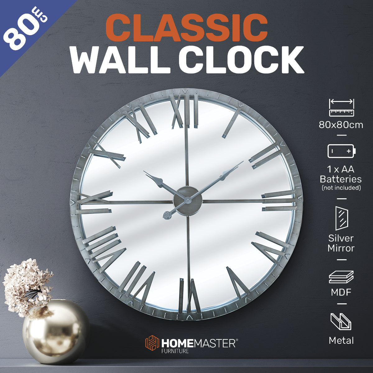 Home Master  Wall Clock Roman Numerals Stylish Mirror Face Metal Accents 80cm Deals499