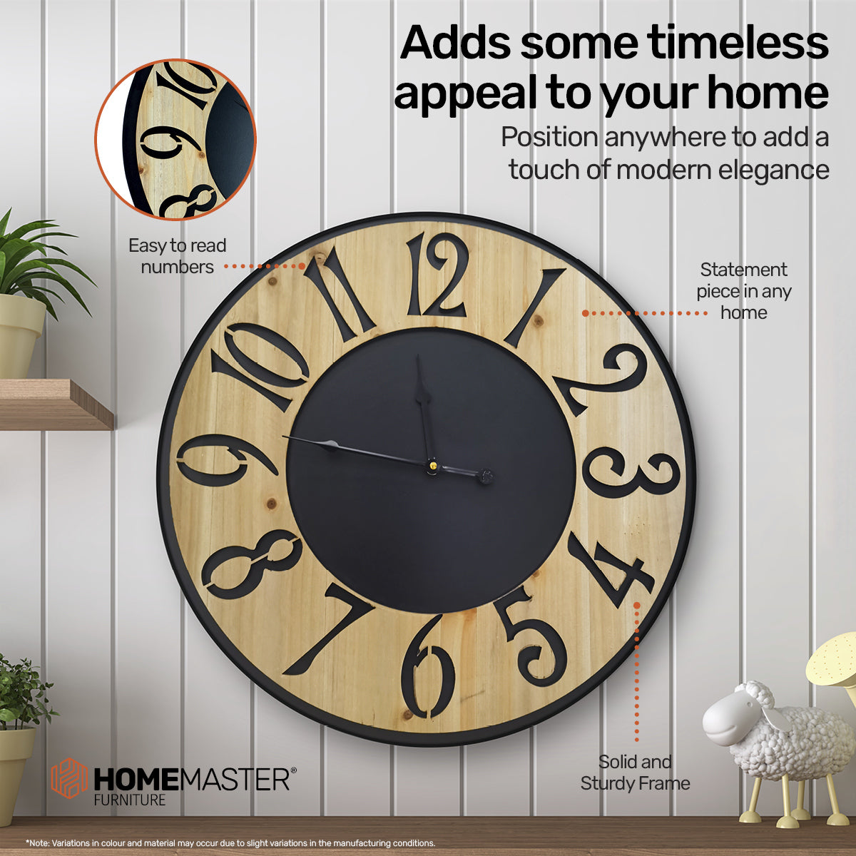 Home Master Wall Clock Wood & Metal Look Stylish Design Large Numbers 60cm Deals499