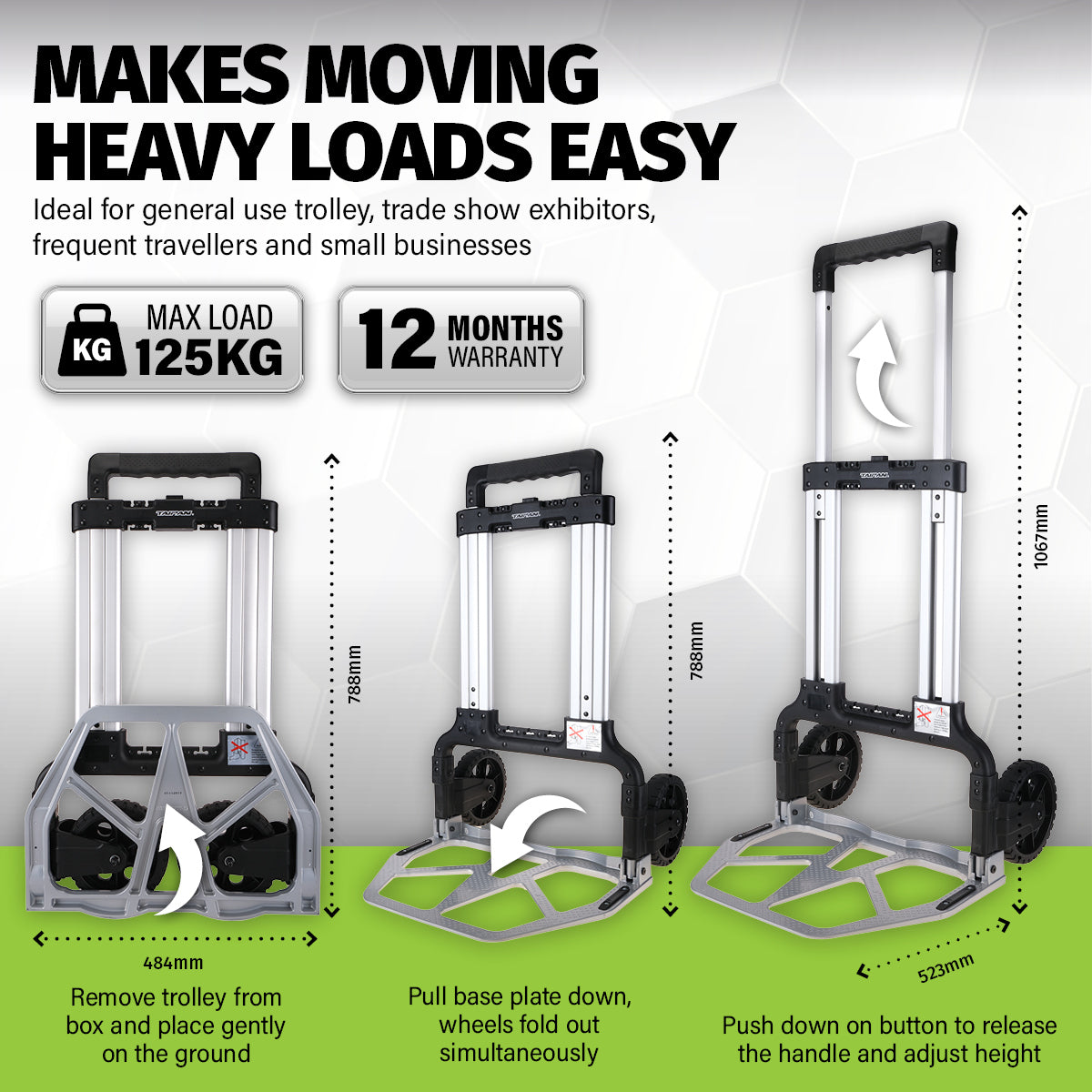 Taipan 125KG Foldable Hand Trolley Aluminium Frame Height Adjustable Handle Deals499