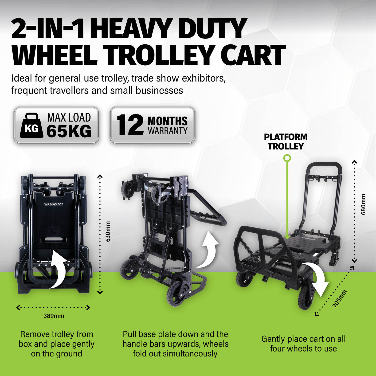 Taipan 65-125KG Foldable Trolley Cart Aluminium 2-In-1 Design Adjustable Deals499