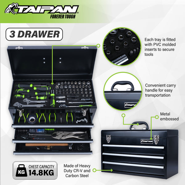Taipan 300PCE 3 Drawer Tool Chest Kit Premium Quality Chrome Vanadium Steel Deals499