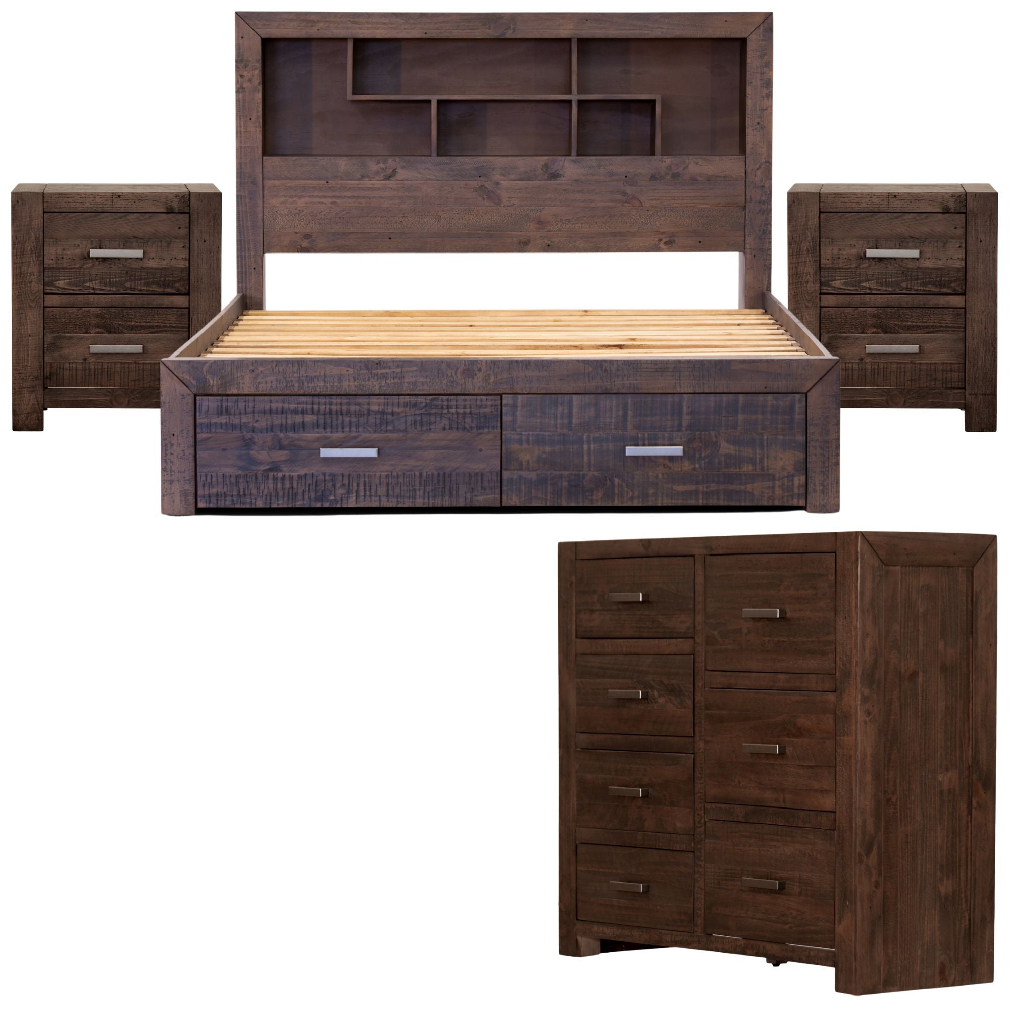 Catmint 4pc Queen Bed Suite Bedside Tallboy Bedroom Furniture Package Grey Stone Deals499