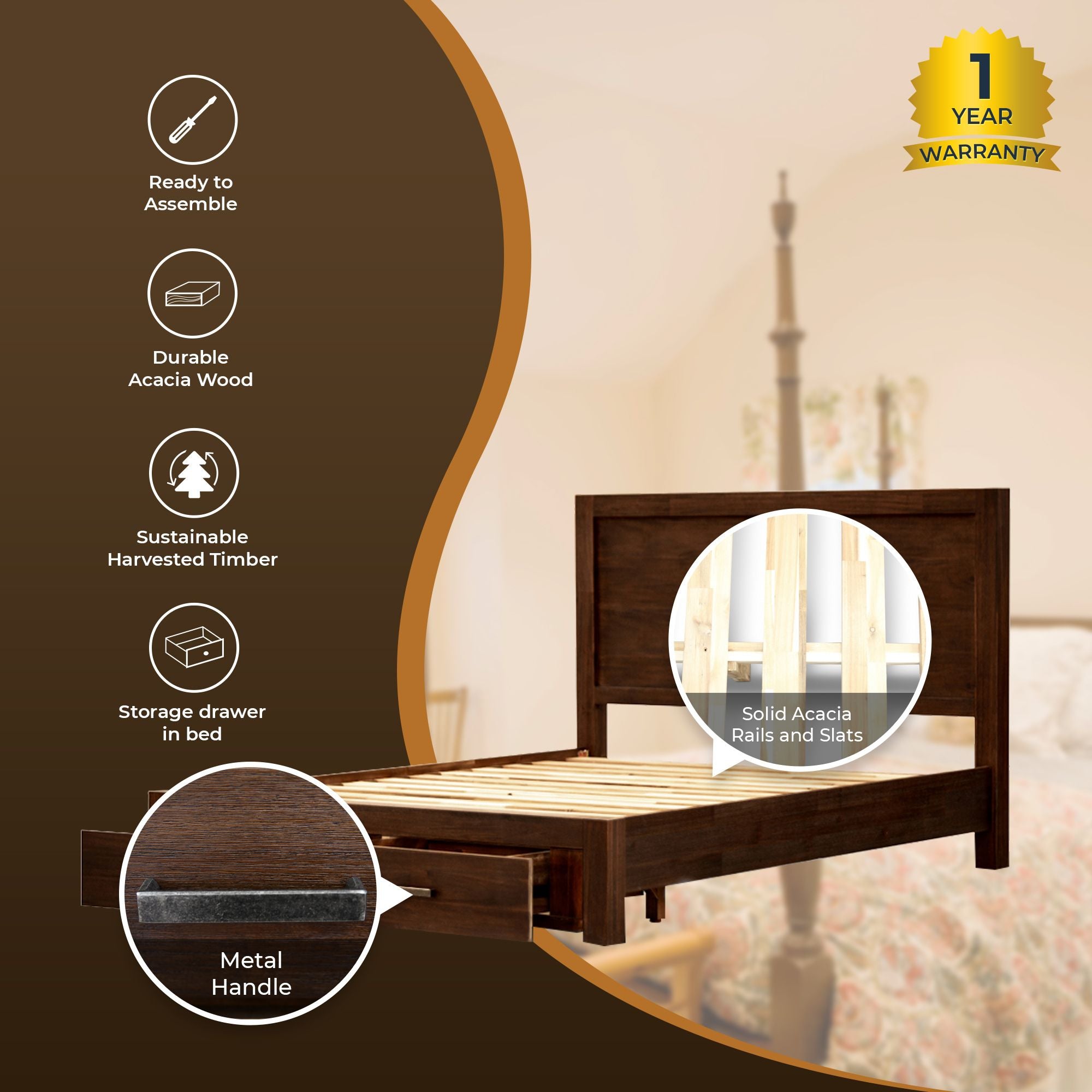 Comfortis 4pc Queen Bed Frame Suite Bedside Tallboy Furniture Package - Walnut Deals499