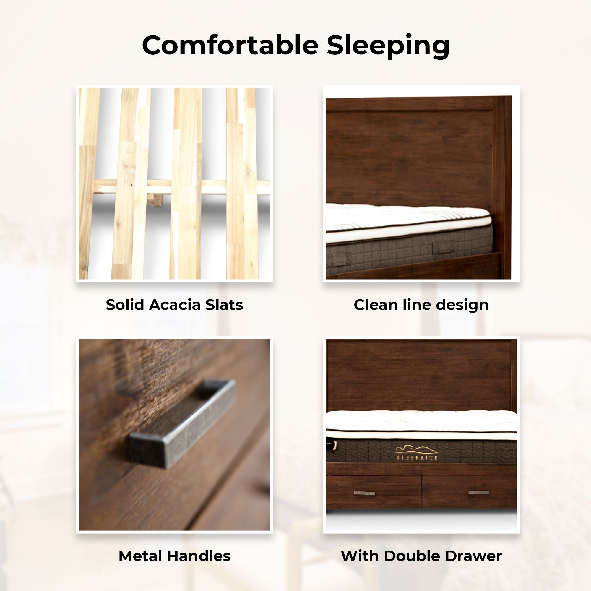Comfortis 4pc Queen Bed Frame Suite Bedside Tallboy Furniture Package - Walnut Deals499