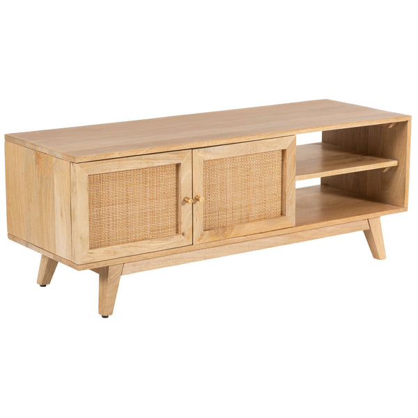 Olearia ETU Entertainment TV Unit 117cm Solid Mango Wood Rattan 2 Door Natural Deals499
