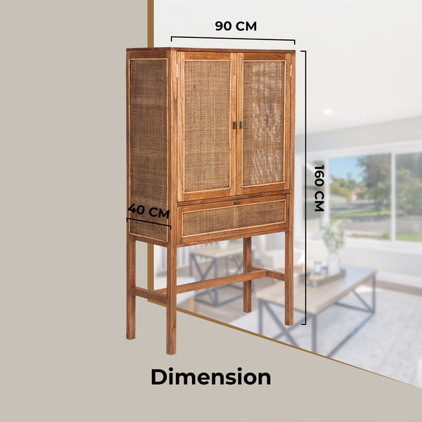 Jasmine Tall Storage Cabinet 90cm 2 Door 1 Drawer Mindi Wood Rattan - Brown Deals499