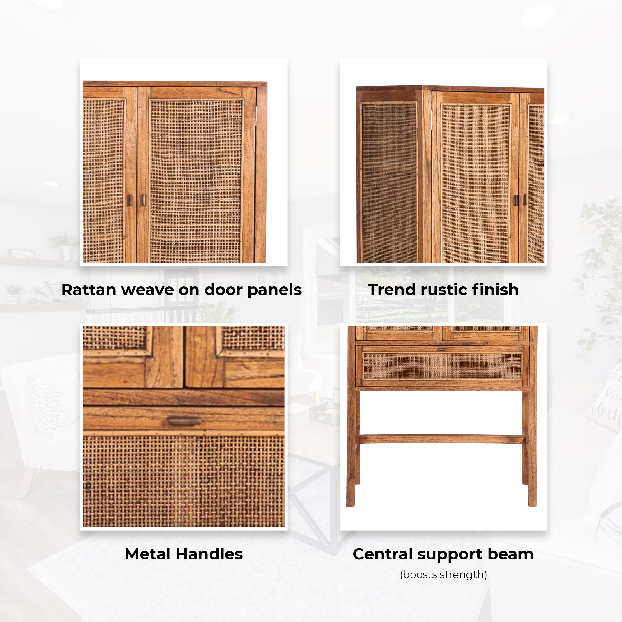Jasmine Tall Storage Cabinet 90cm 2 Door 1 Drawer Mindi Wood Rattan - Brown Deals499