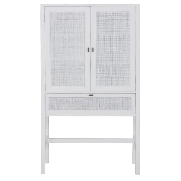 Jasmine Tall Storage Cabinet 90cm 2 Door 1 Drawer Mindi Wood Rattan - White Deals499