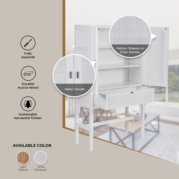 Jasmine Tall Storage Cabinet 90cm 2 Door 1 Drawer Mindi Wood Rattan - White Deals499