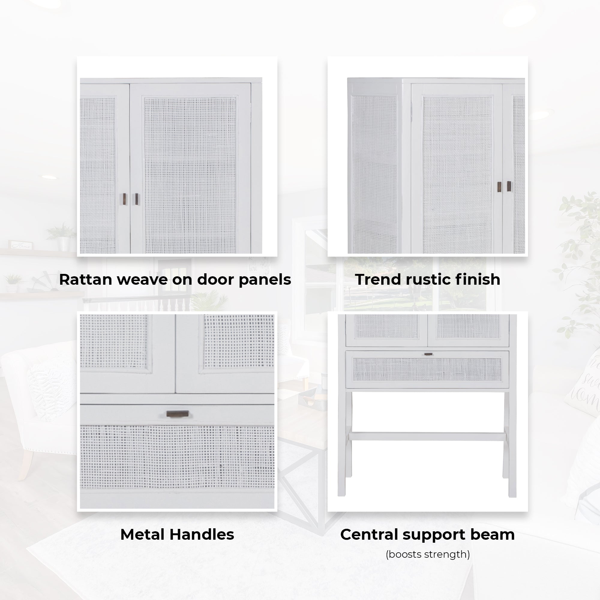 Jasmine Tall Storage Cabinet 90cm 2 Door 1 Drawer Mindi Wood Rattan - White Deals499