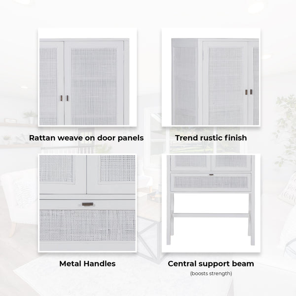Jasmine Tall Storage Cabinet 90cm 2 Door 1 Drawer Mindi Wood Rattan - White Deals499